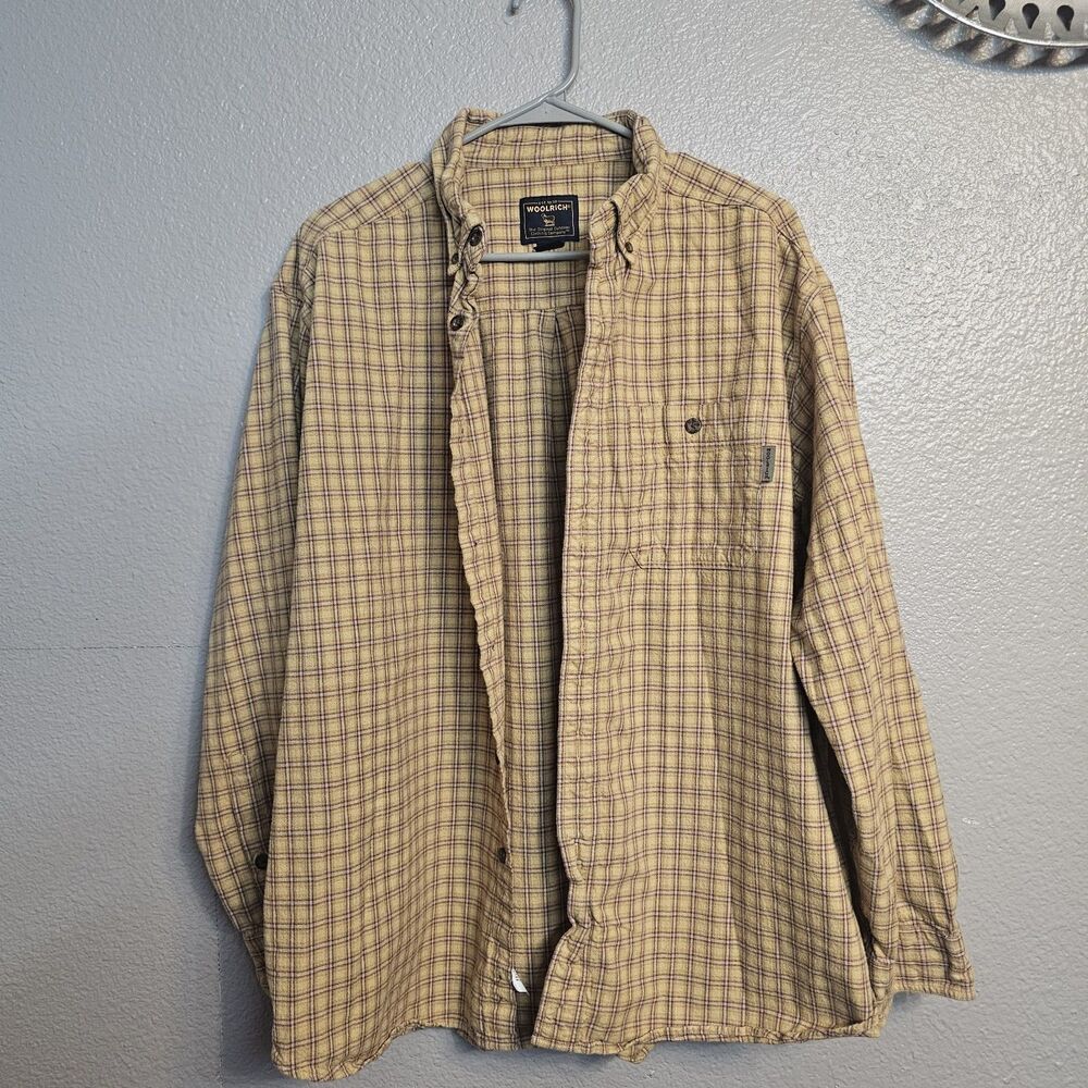 Woolrich Men's XL Plaid Button Down Shirt Cotton Wheat Tan Brown Workwear H837